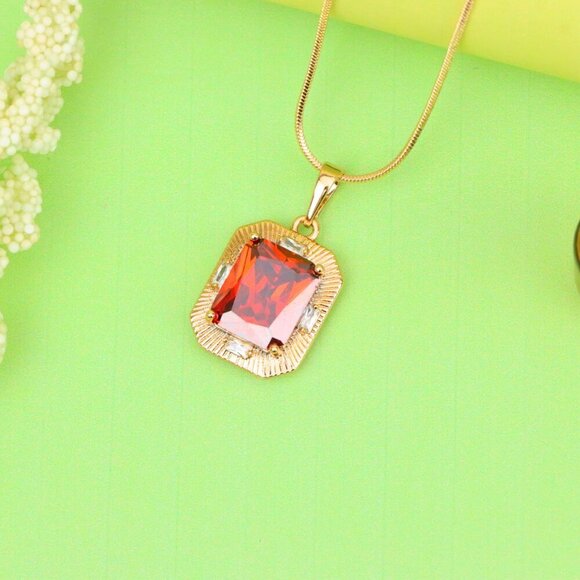 "Red Rectangle Pendant with Gold Frame and Sparkling Stone Accents, XPPT1787 - Picture 3 of 12